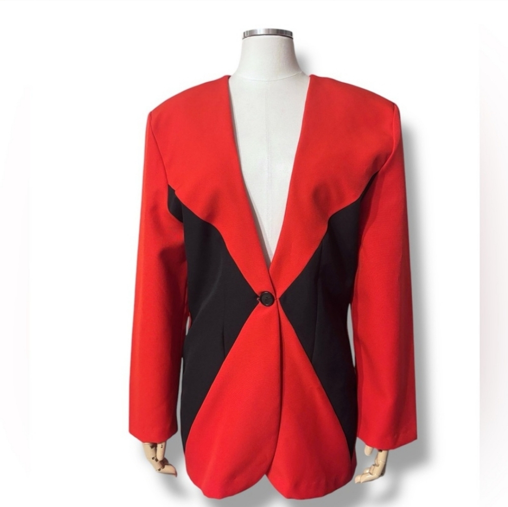 FREDRICK’S OF HOLLYWOOD Red & Black Harlequin Single Button Blazer - Picture 7 of 7